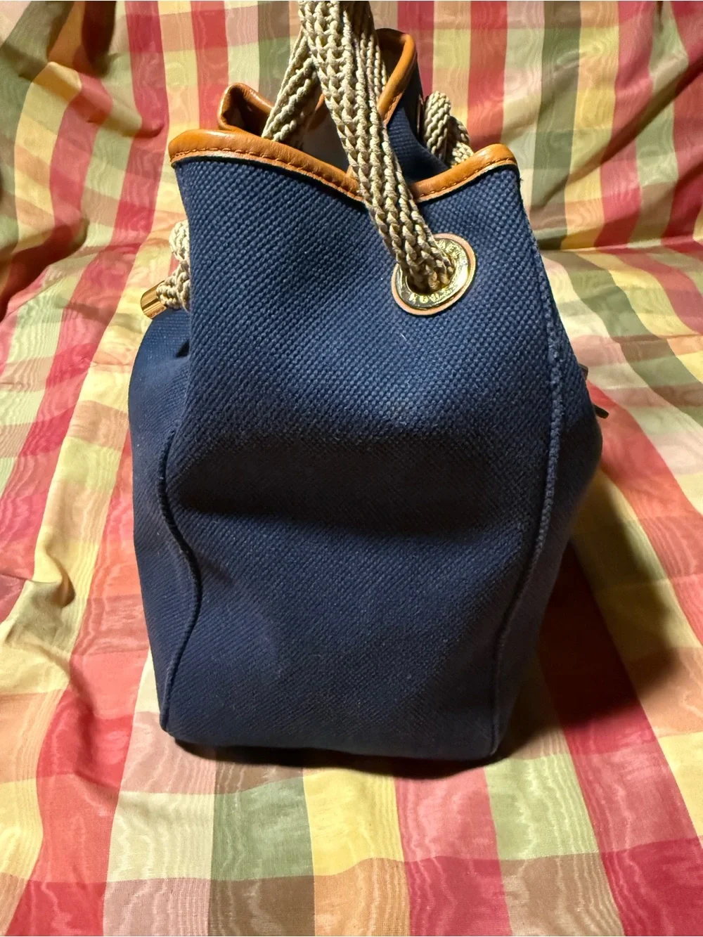 Michael Kors Navy Canvas Shoulder Bag with Tan Trim and Cream Rope Handles